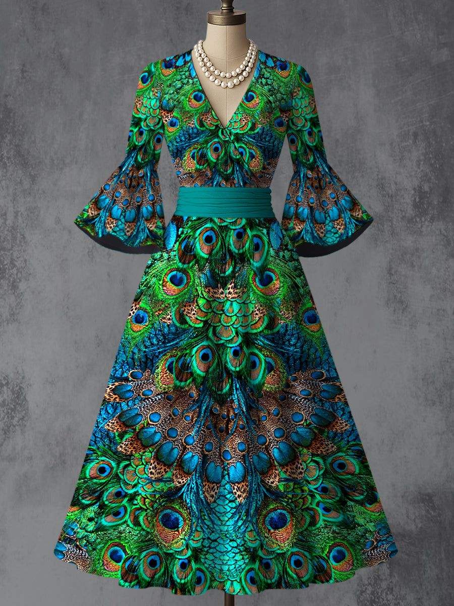 Peacock Feather Art Print V-Neck Flare Sleeve Vintage Elegant Dress